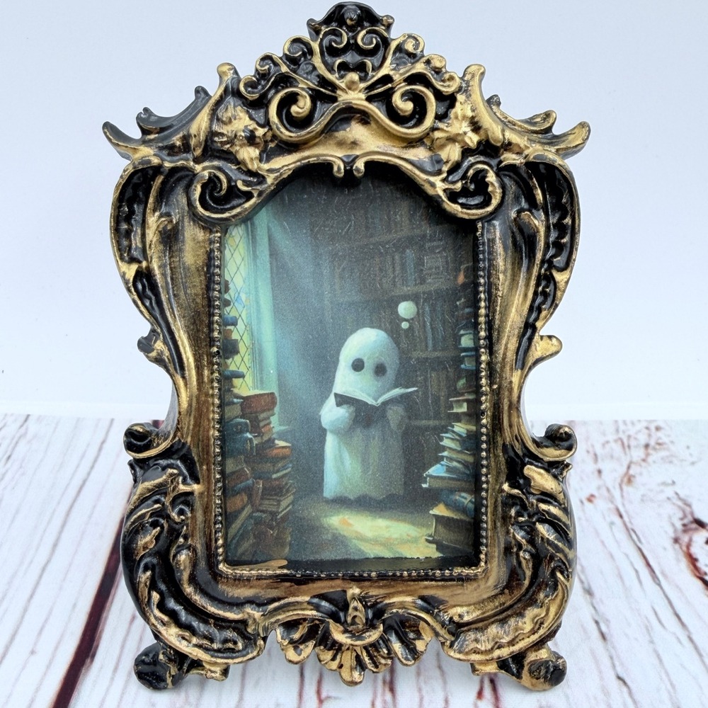 Ornate Framed Ghost Reading Art Print Dark Academia Library Decor 5x3.5